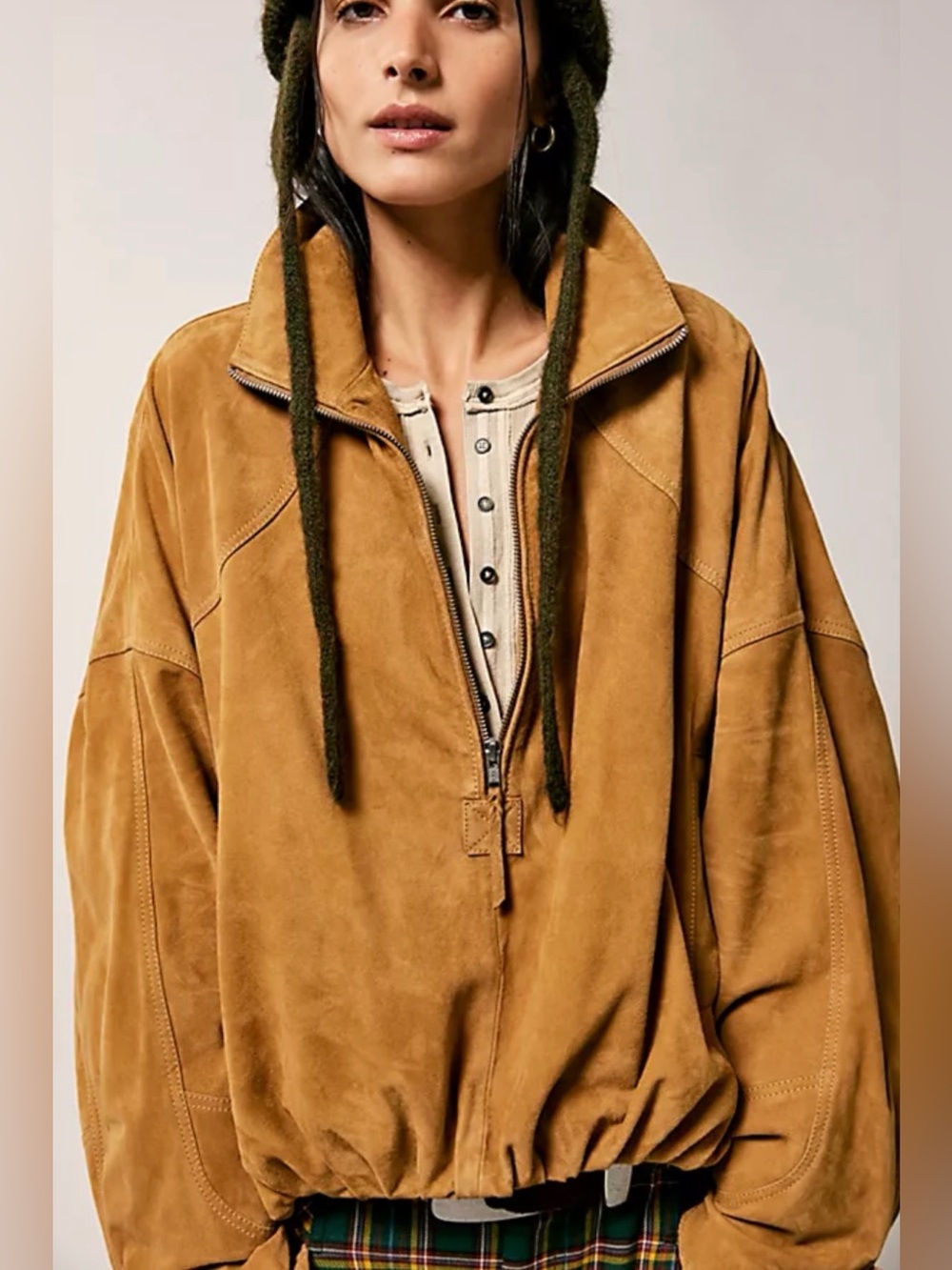 Free People Sonny Suede Pullover jacket 1/2 zip Tan sz S oversized New with tag